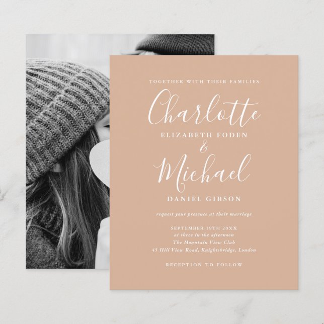 Budget Tan Script Photo Wedding Invitation (Front/Back)