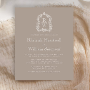 Budget Taupe Monogram Crest Wedding Invite