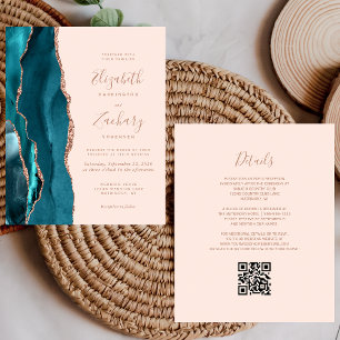 Budget Teal Agate Rose Gold Blush QR Code Wedding