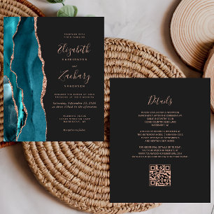 Budget Teal Agate Rose Gold QR Code Wedding Invite