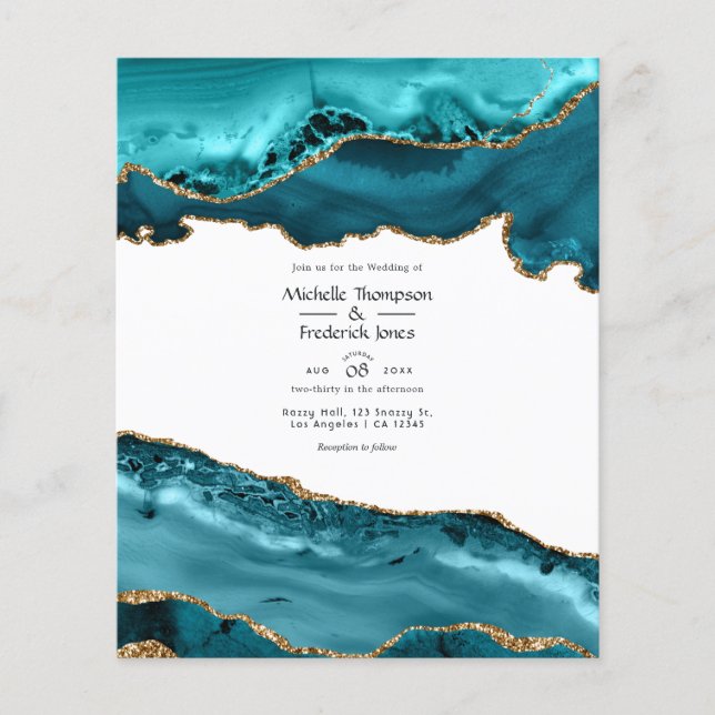 Budget Teal and Gold Agate Wedding Invitation Flyer (Front)