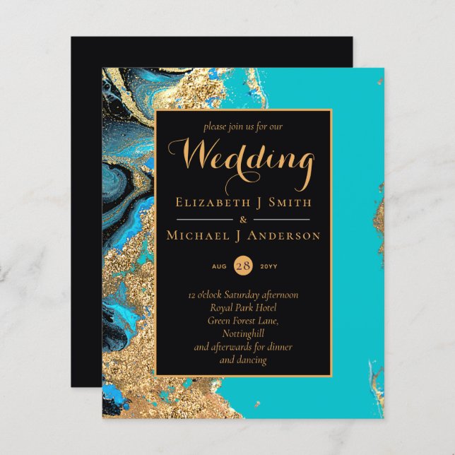 BUDGET Teal Aqua Gold Agate Wedding Invite (Front/Back)