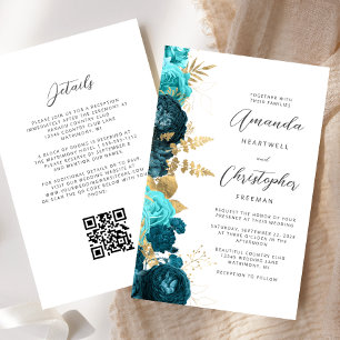 Budget Teal Aqua Gold Floral QR Code Wedding