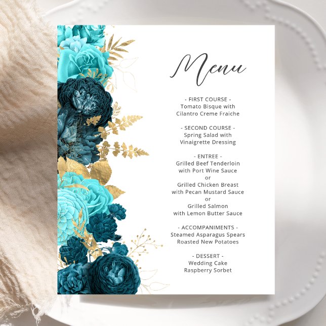 Budget Teal Aqua Gold Floral Script Wedding Menu (Creator Uploaded)