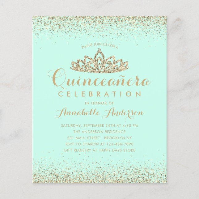 Budget Teal Aqua Gold Quinceañera Tiara Invite (Front)