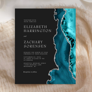 Budget Teal Blue Agate Silver Wedding Invitation