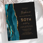 Budget Teal Blue Gold Agate Dark 50th Birthday<br><div class="desc">The left-hand edge of this elegant modern 50th birthday party invitation features a teal blue watercolor agate border trimmed with gold faux glitter. The customisable text combines gold-coloured handwriting,  copperplate and italic fonts on a slate black background. The reverse side features a matching teal and gold agate design.</div>