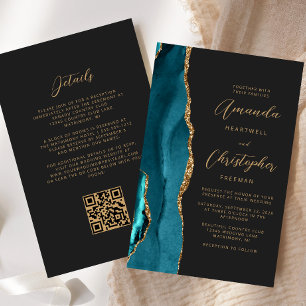 Budget Teal Blue Gold Agate Dark QR Code Wedding