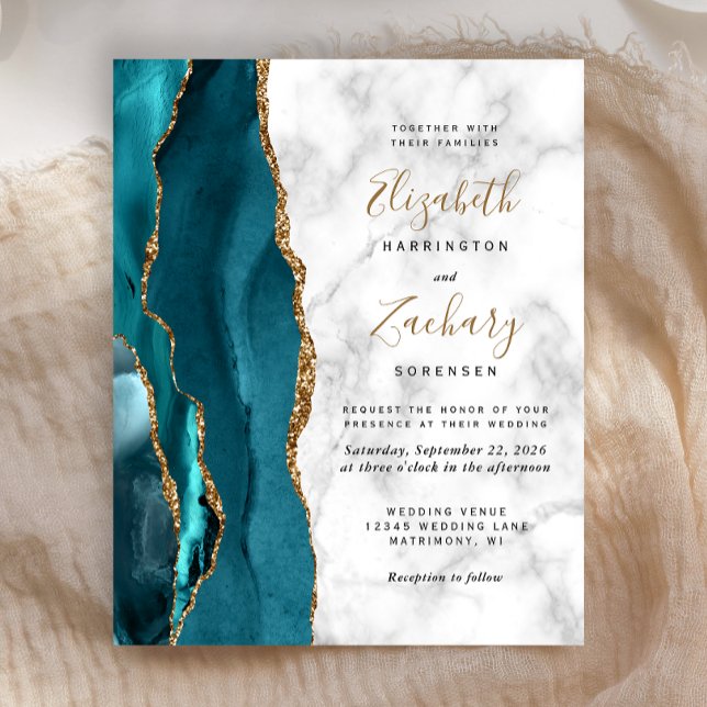 Budget Teal Blue Gold Agate Marble Wedding Invite (Creator Uploaded)