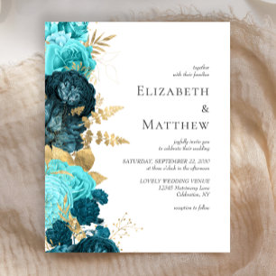 Budget Teal Blue Gold Floral Wedding Invitation