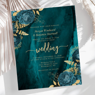 Budget Teal Blue Gold Floral Wedding Invite