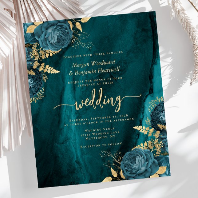 Budget Teal Blue Gold Floral Wedding Invite (Creator Uploaded)
