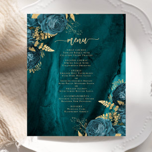 Budget Teal Blue Gold Floral Wedding Menu