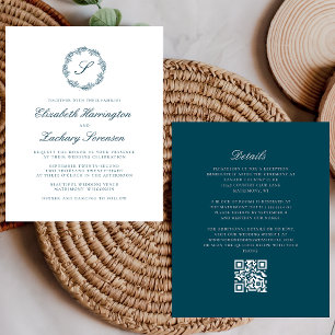 Budget Teal Blue Monogram Wreath QR Code Wedding