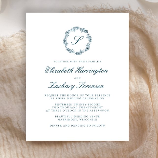 Budget Teal Blue Monogram Wreath Script Wedding (Creator Uploaded)
