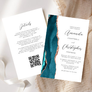 Budget Teal Blue Rose Gold Agate QR Code Wedding