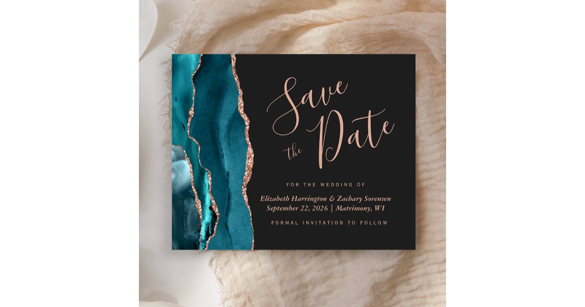 Budget Teal Blue Rose Gold Agate Save the Date Zazzle