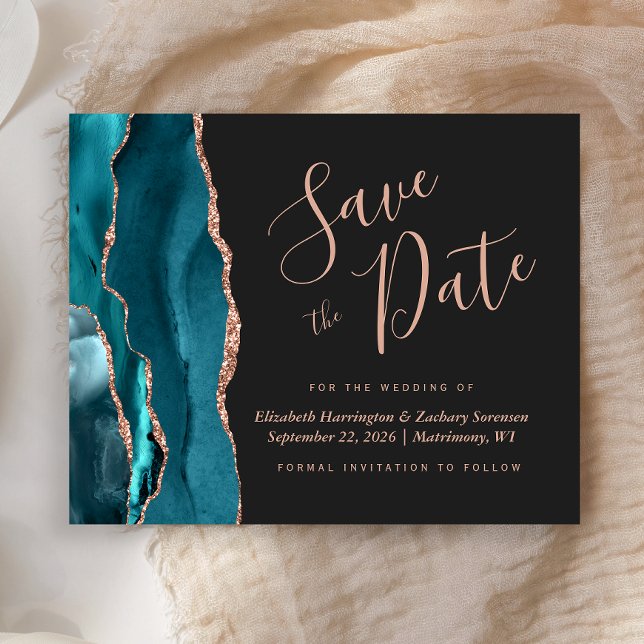 Budget Teal Blue Rose Gold Agate Save the Date (Creator Uploaded)
