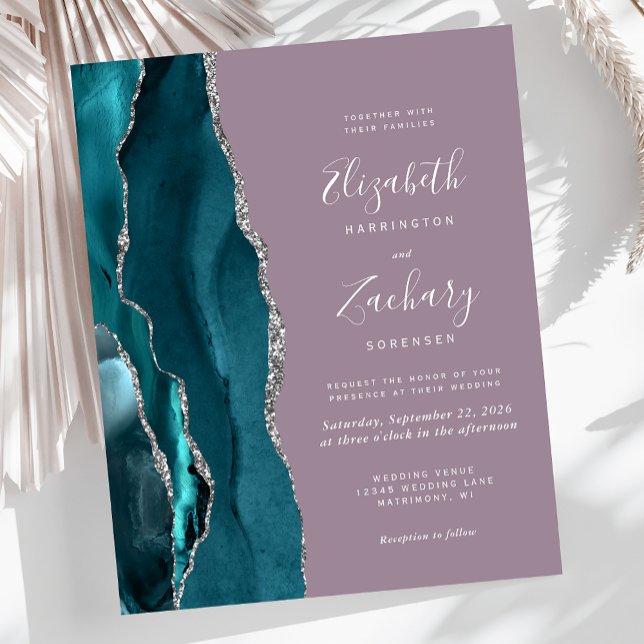 Budget Teal Blue Silver Agate Mauve Wedding Invite (Creator Uploaded)