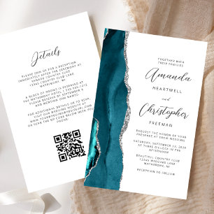 Budget Teal Blue Silver Agate QR Code Wedding