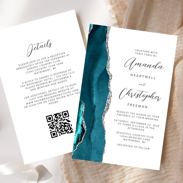 Budget Teal Blue Silver Agate QR Code Wedding (Creator Uploaded)