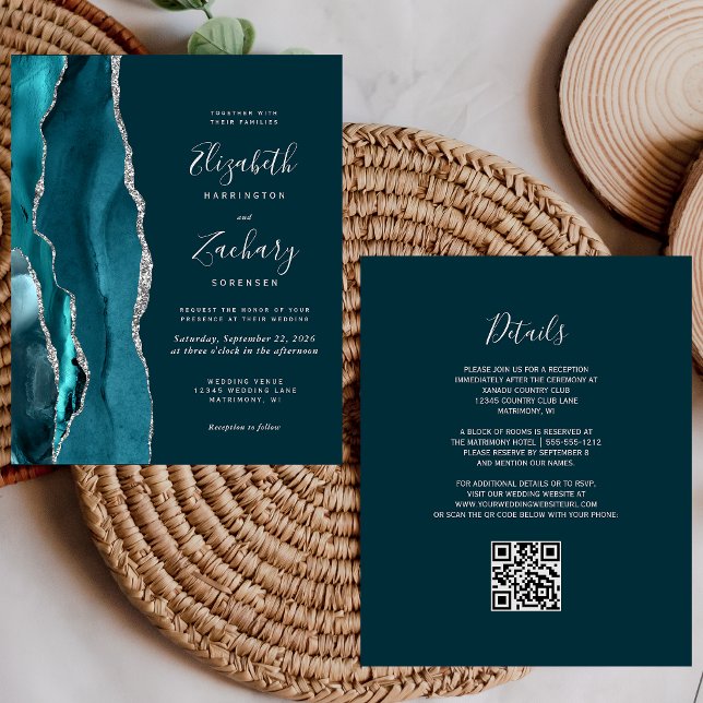 Budget Teal Blue Silver Agate QR Code Wedding (Creator Uploaded)