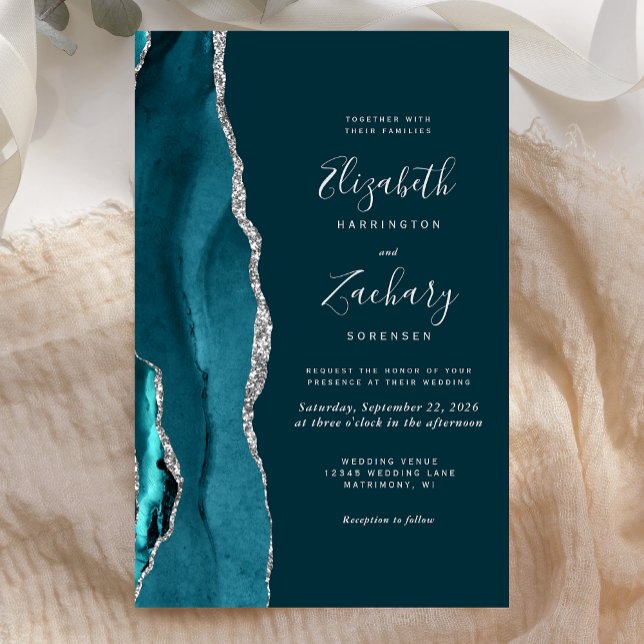 Budget Teal Blue Silver Agate Wedding Invite (Creator Uploaded)
