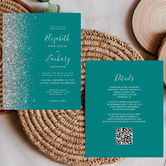 Budget Teal Blue Silver Glitter QR Code Wedding (Creator Uploaded)