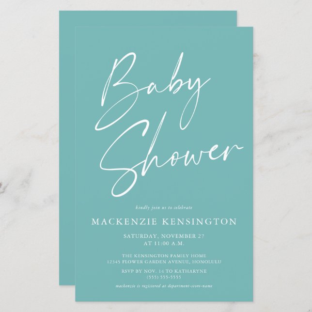 Budget Teal Blue Simple Script Baby Shower (Front/Back)