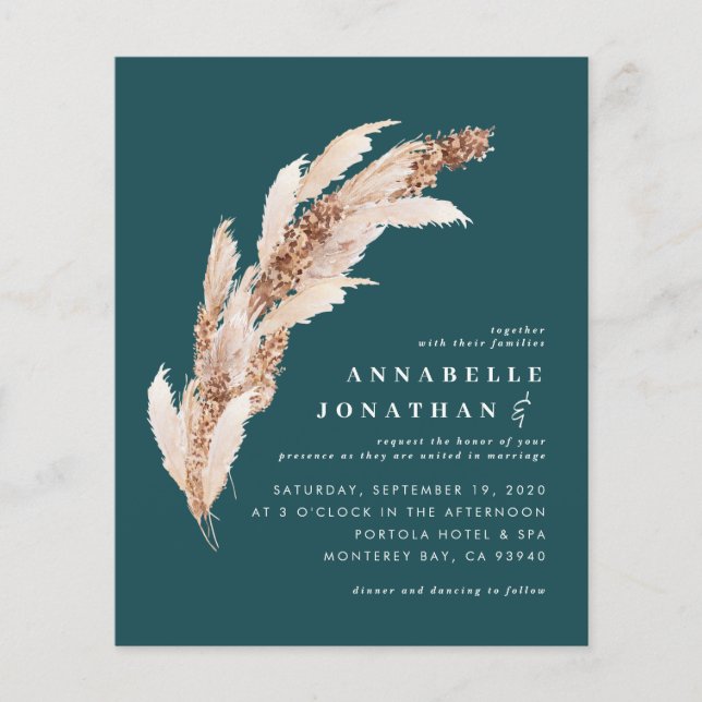 Budget teal boho pampas elegant wedding invite flyer (Front)