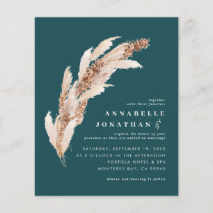 Budget teal boho pampas elegant wedding invite flyer