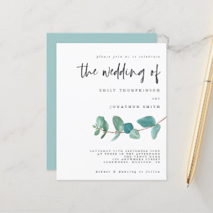 Budget Teal Eucalyptus Minimal Wedding Invitation