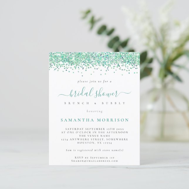 Budget Teal Glitter Bridal Shower Invitation (Standing Front)