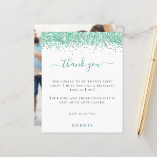 Budget Teal Glitter Photo 21st Party Thank You