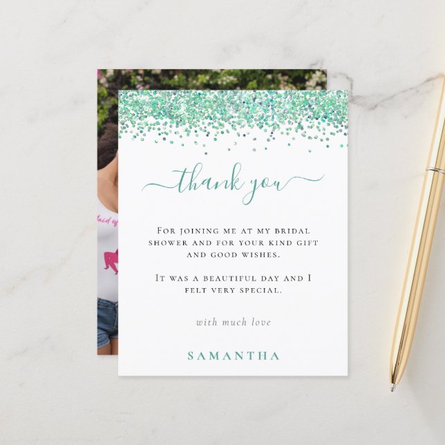 Budget Teal Glitter Photo Bridal Shower Thank You (Front/Back In Situ)