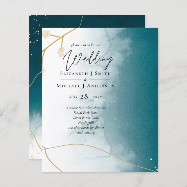 BUDGET Teal Gold Abstract Wedding Invite (Front/Back)