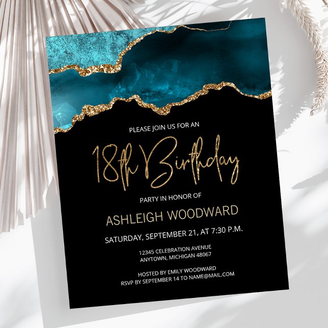 Budget Teal Gold Agate 18th Birthday Invitation (Creator Uploaded)