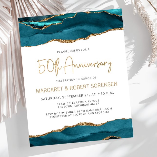 Budget Teal Gold Agate 50th Anniversary Invitation (Creator Uploaded)