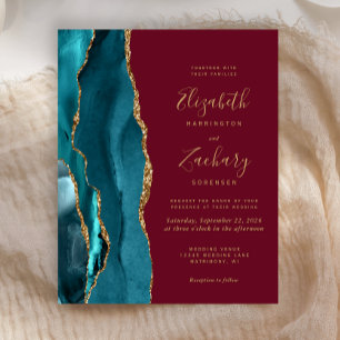 Budget Teal Gold Agate Burgundy Wedding Invitation