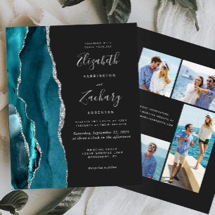 Budget Teal Gold Agate Dark 4-Photo Wedding Invite