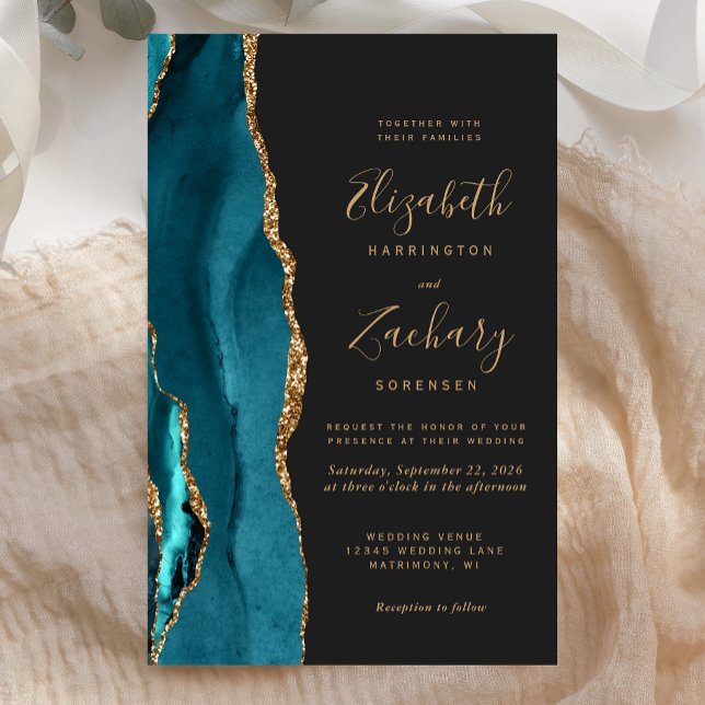Budget Teal Gold Agate Dark Wedding Invitation (Creator Uploaded)