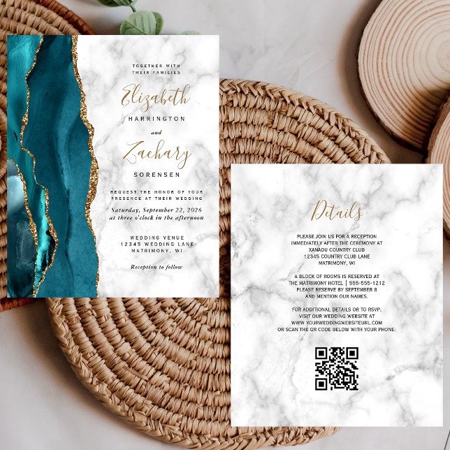 Budget Teal Gold Agate Marble QR Code Wedding (Creator Uploaded)