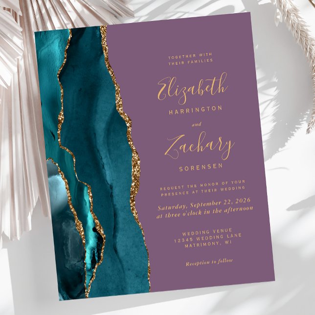 Budget Teal Gold Agate Mauve Wedding Invitation (Creator Uploaded)