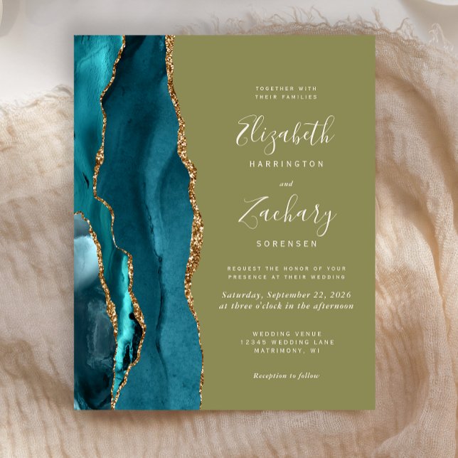 Budget Teal Gold Agate Olive Green Wedding Invite (Creator Uploaded)