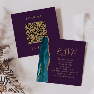 Budget Teal Gold Agate Purple Wedding QR Code RSVP Enclosure Card