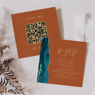 Budget Teal Gold Agate Rust Wedding QR Code RSVP Enclosure Card