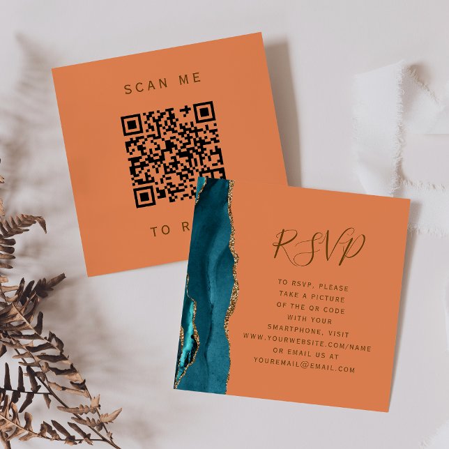 Budget Teal Gold Agate Tangerine QR Code RSVP Enclosure Card (Creator Uploaded)