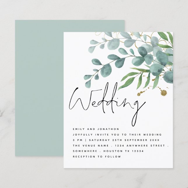 BUDGET Teal Gold Eucalyptus Script Wedding Invite (Front/Back)