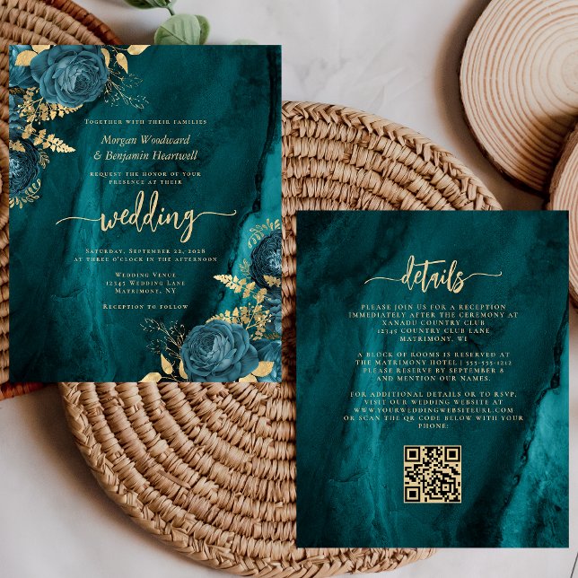 Budget Teal Gold Floral QR Code Wedding Invite (Creator Uploaded)