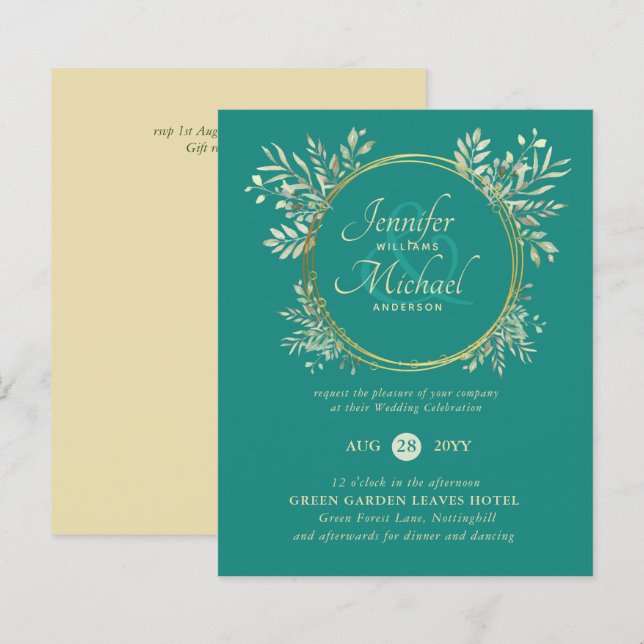 BUDGET Teal Gold Greenery Wreath Wedding Invite (Front/Back)